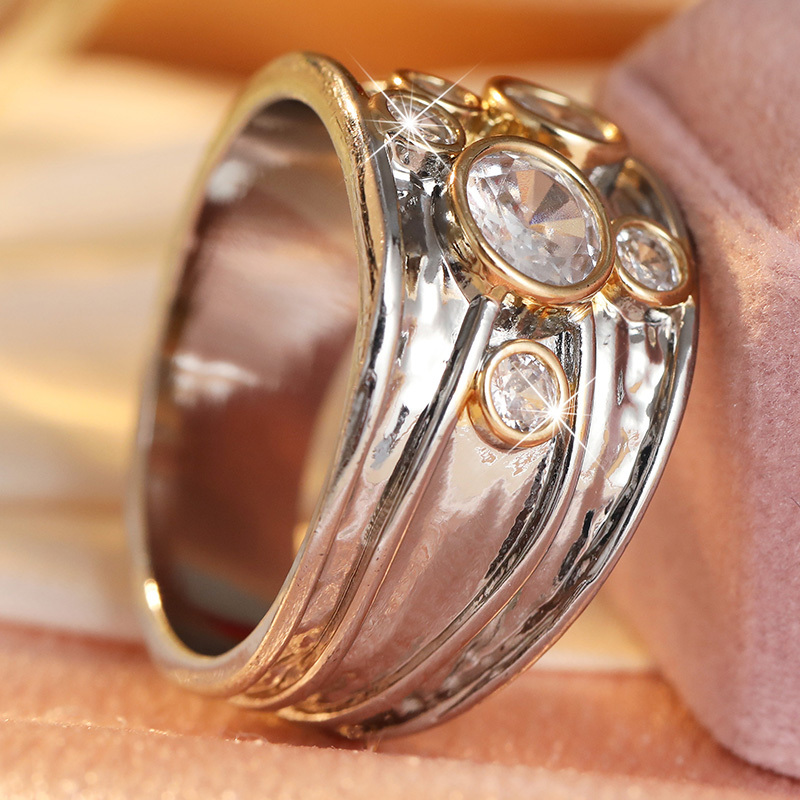 Vintage Hammered Two-Tone Wide Band Ring with Cubic Zirconia